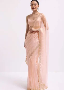 Peach Cutdana Embroidered Tissue Saree With Unstitched Blouse