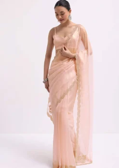 Peach Cutdana Embroidered Tissue Saree With Unstitched Blouse