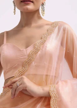Peach Cutdana Embroidered Tissue Saree With Unstitched Blouse