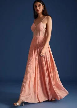 Peach Cutdana Work Pleated Jumpsuit