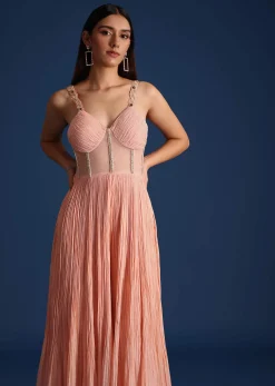 Peach Cutdana Work Pleated Jumpsuit