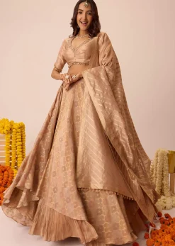 Peach Embroidered Blouse With Ruching Lehenga And Tassel Dupatta