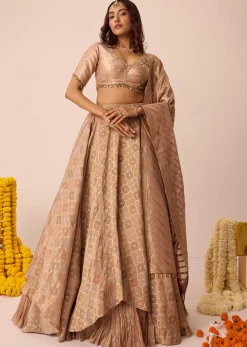 Peach Embroidered Blouse With Ruching Lehenga And Tassel Dupatta
