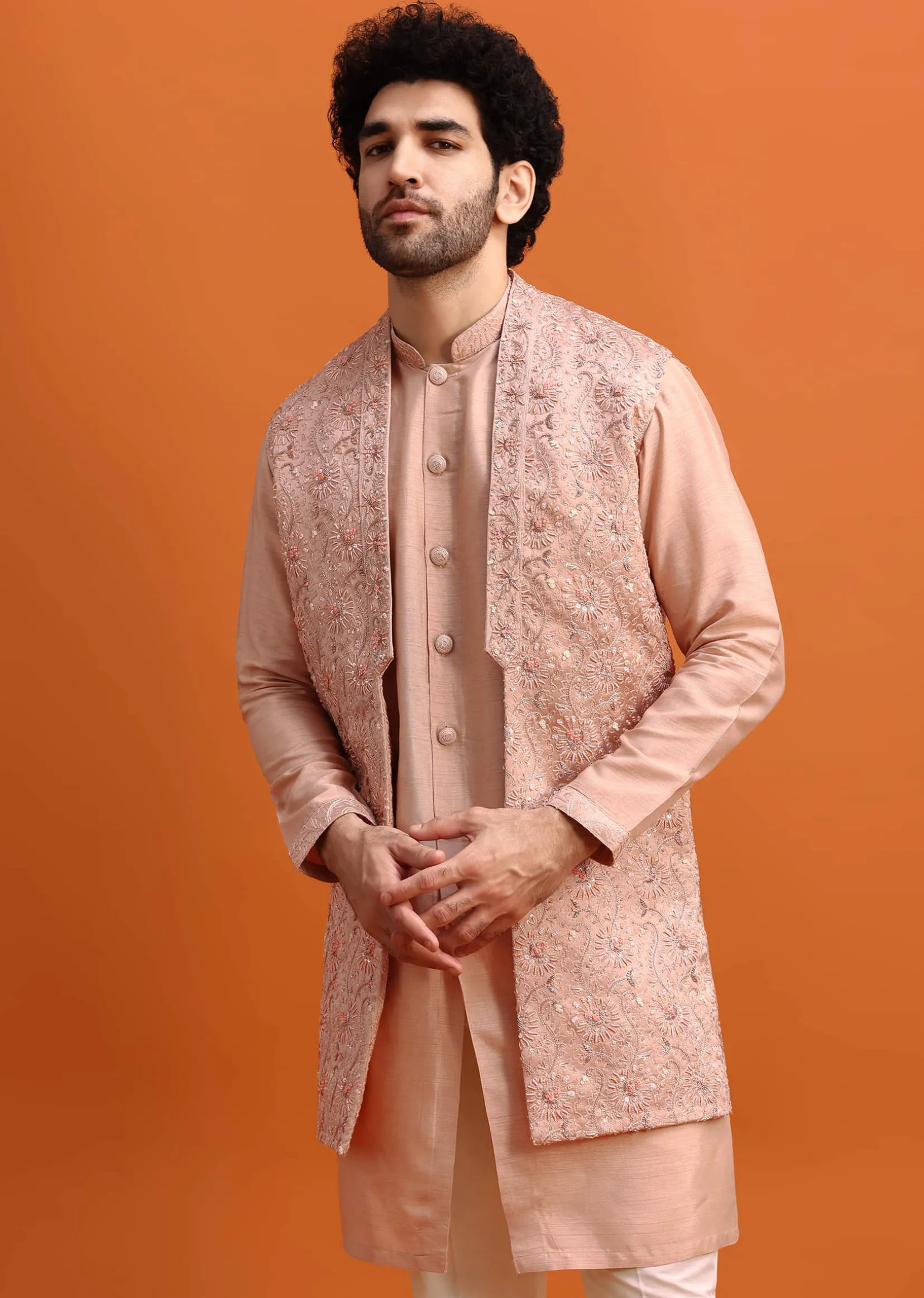 Peach Embroidered Kurta Jacket Set For Men