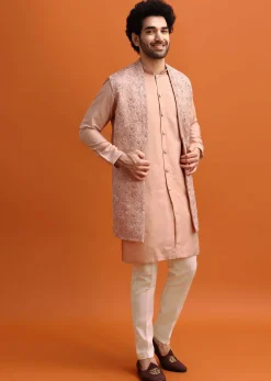 Peach Embroidered Kurta Jacket Set For Men