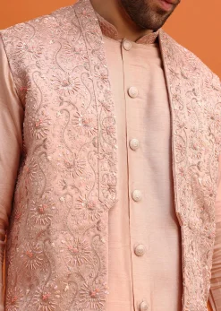 Peach Embroidered Kurta Jacket Set For Men