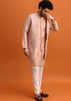 Peach Embroidered Kurta Jacket Set For Men