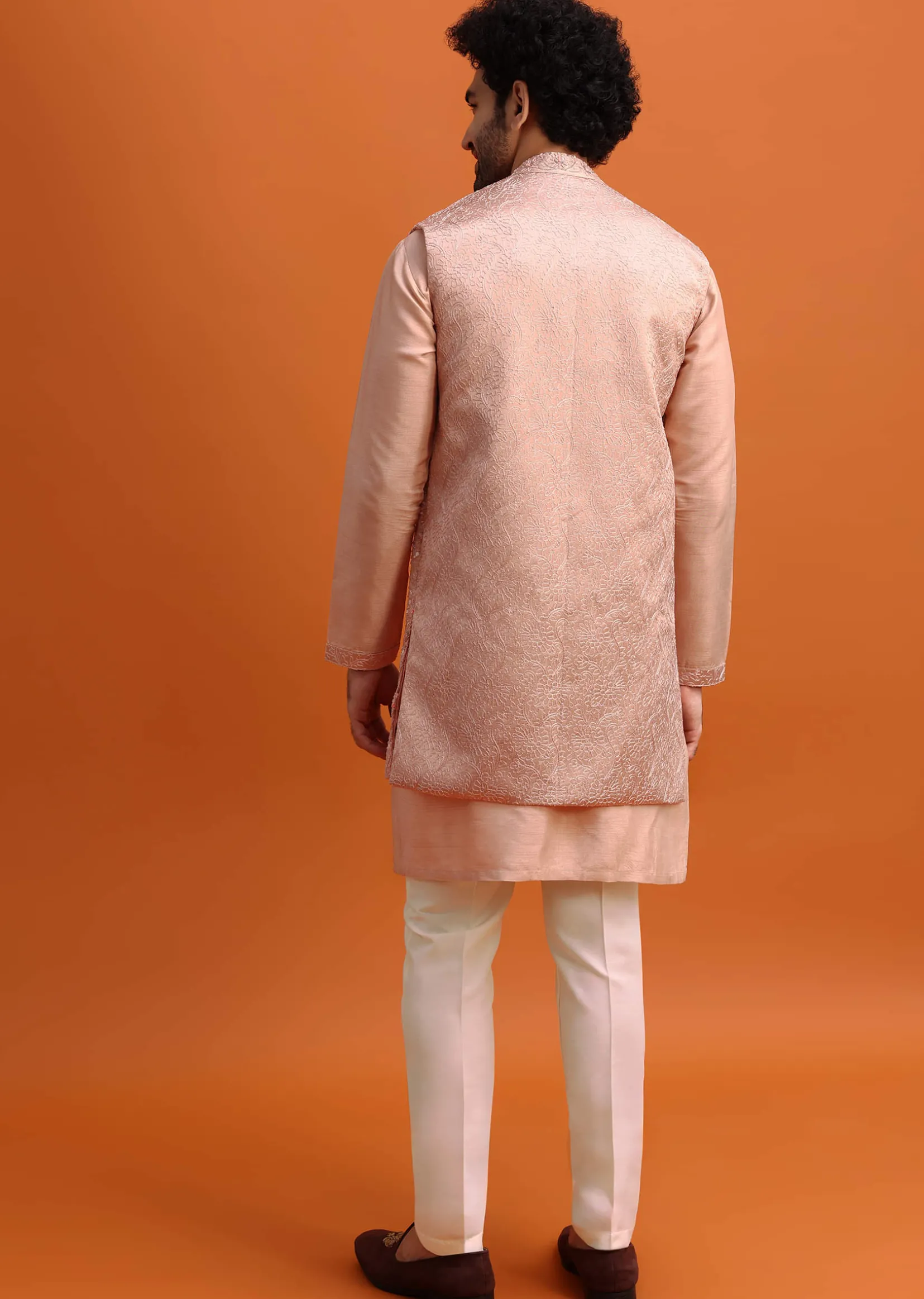 Peach Embroidered Kurta Jacket Set For Men
