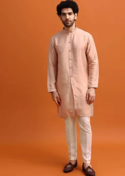 Peach Embroidered Kurta Jacket Set For Men