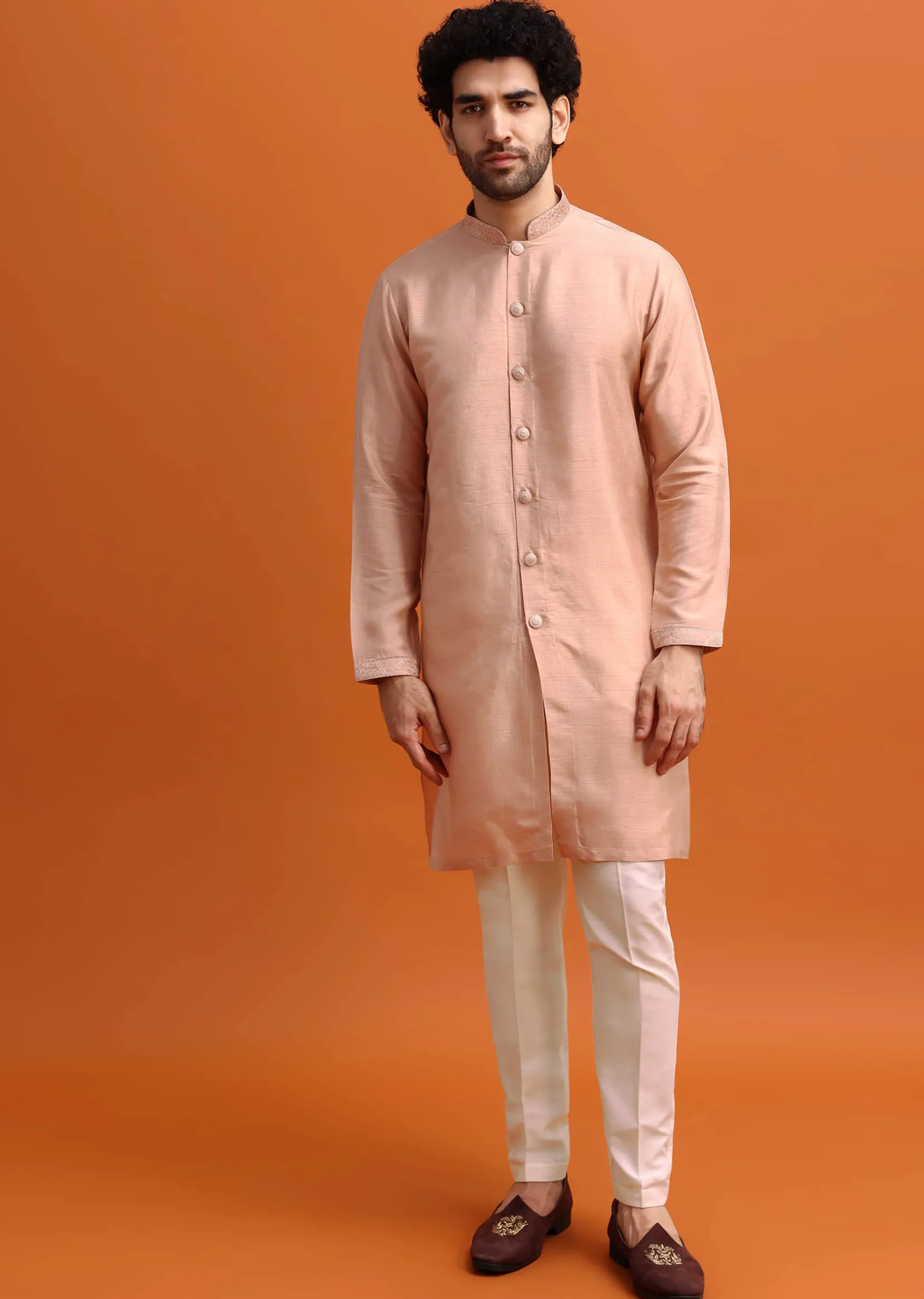 Peach Embroidered Kurta Jacket Set For Men