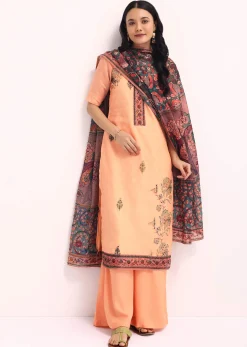 Peach Embroidered Kurta Palazzo Set With Kalamkari Dupatta