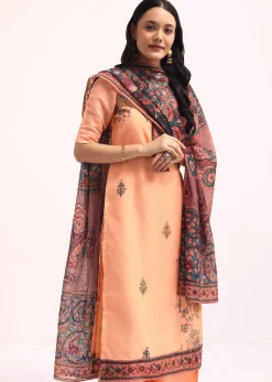 Peach Embroidered Kurta Palazzo Set With Kalamkari Dupatta