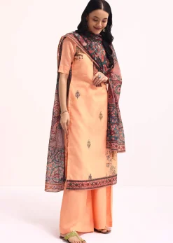 Peach Embroidered Kurta Palazzo Set With Kalamkari Dupatta