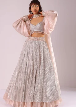Peach Embroidered Lehenga Set In Knit With Organza Choker Dupatta
