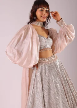 Peach Embroidered Lehenga Set In Knit With Organza Choker Dupatta