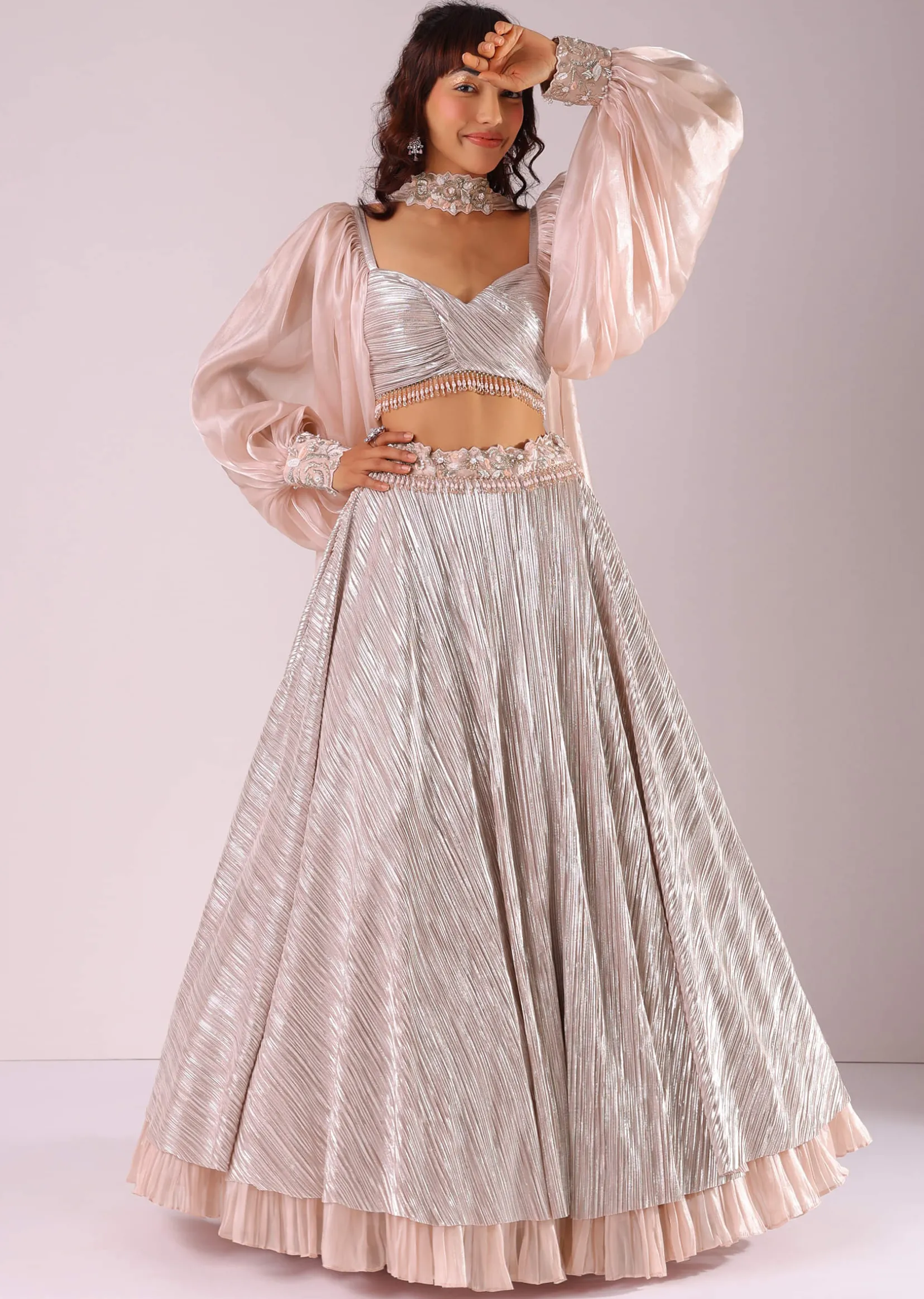 Peach Embroidered Lehenga Set In Knit With Organza Choker Dupatta