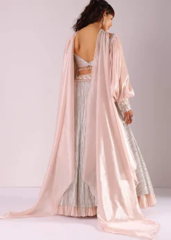Peach Embroidered Lehenga Set In Knit With Organza Choker Dupatta