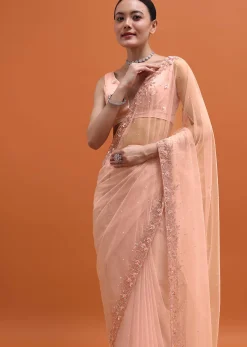 Peach Embroidered Net Saree With Unstitched Blouse