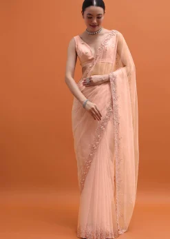 Peach Embroidered Net Saree With Unstitched Blouse
