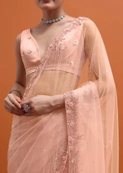 Peach Embroidered Net Saree With Unstitched Blouse