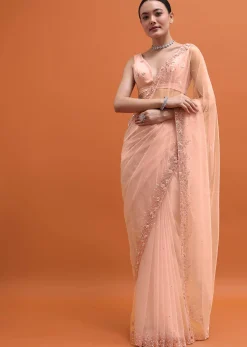 Peach Embroidered Net Saree With Unstitched Blouse