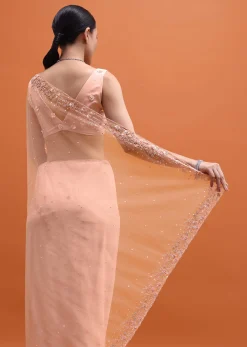 Peach Embroidered Net Saree With Unstitched Blouse