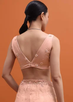 Peach Embroidered Net Saree With Unstitched Blouse