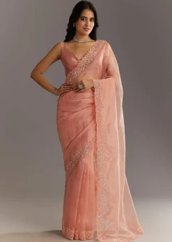 Peach Embroidered Organza Saree With Cutwork Scallop Border