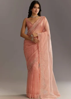 Peach Embroidered Organza Saree With Cutwork Scallop Border