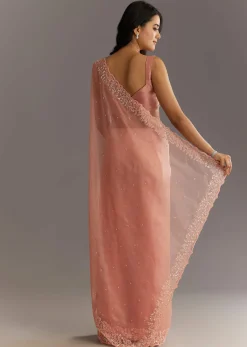 Peach Embroidered Organza Saree With Cutwork Scallop Border