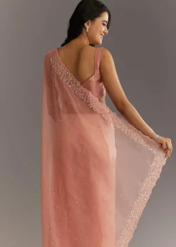 Peach Embroidered Organza Saree With Cutwork Scallop Border