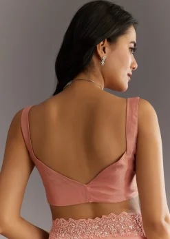 Peach Embroidered Organza Saree With Cutwork Scallop Border