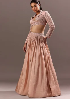 Peach Embroidered Ruched Lehenga With Collar Neck Blouse And Dupatta