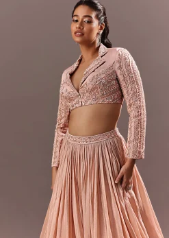 Peach Embroidered Ruched Lehenga With Collar Neck Blouse And Dupatta