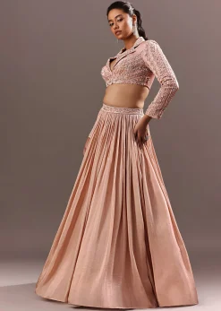 Peach Embroidered Ruched Lehenga With Collar Neck Blouse And Dupatta
