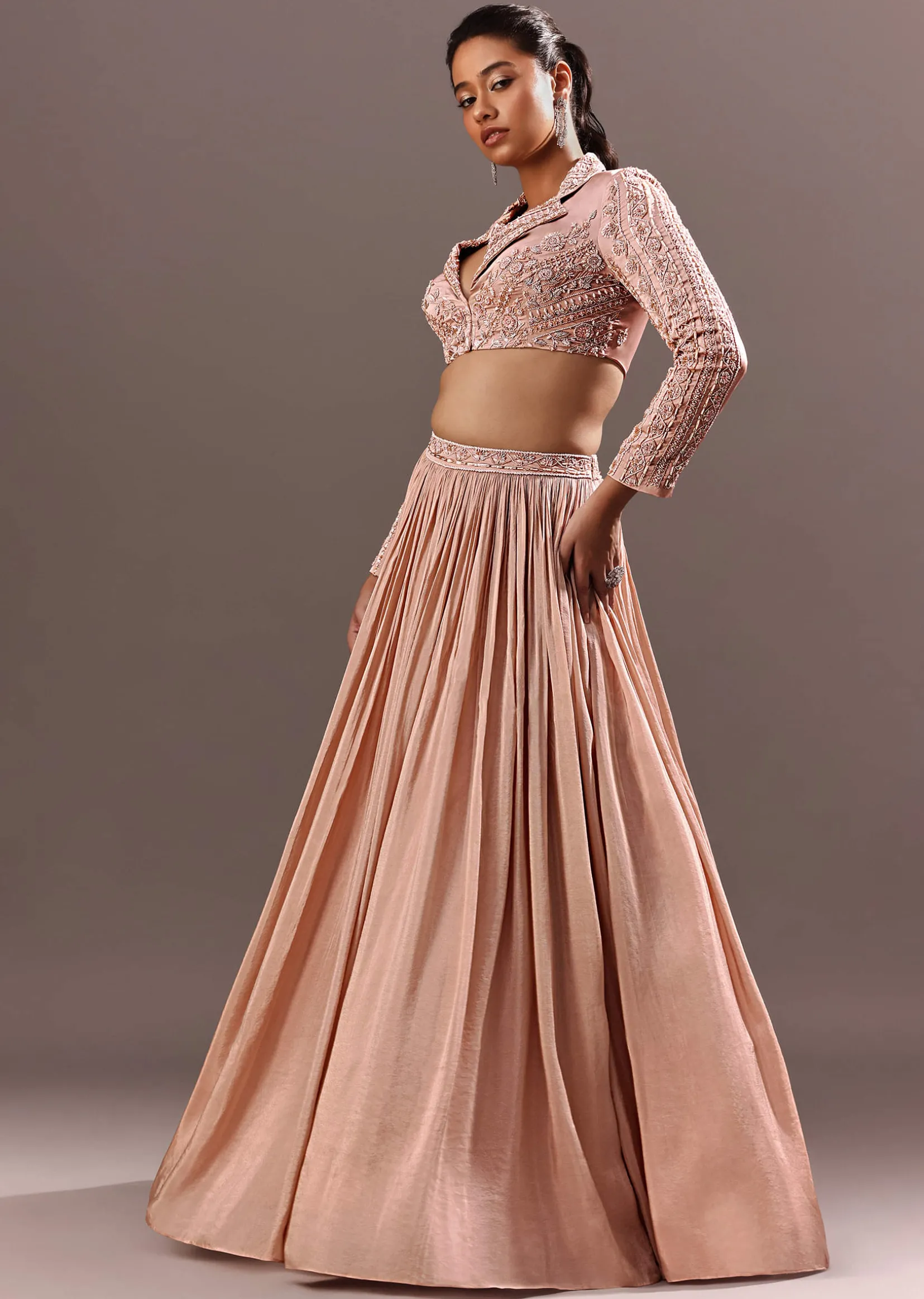 Peach Embroidered Ruched Lehenga With Collar Neck Blouse And Dupatta