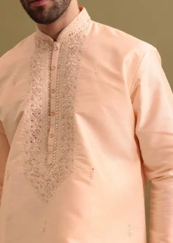 Peach Embroidered Silk Kurta Set For Men