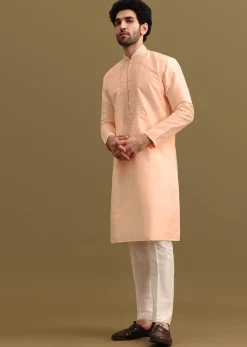 Peach Embroidered Silk Kurta Set For Men