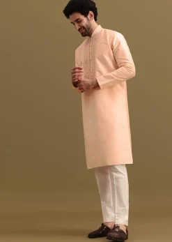 Peach Embroidered Silk Kurta Set For Men