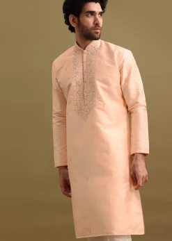 Peach Embroidered Silk Kurta Set For Men