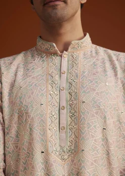 Peach Embroidered Silk Kurta Set With Resham Work