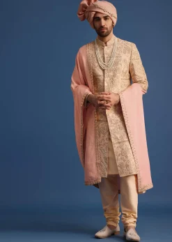 Peach Embroidered Silk Sherwani Suit