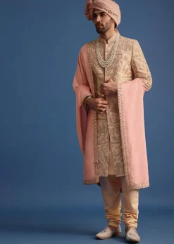 Peach Embroidered Silk Sherwani Suit