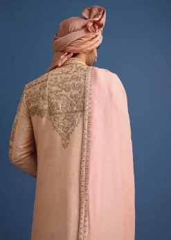 Peach Embroidered Silk Sherwani Suit