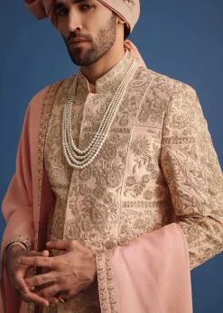 Peach Embroidered Silk Sherwani Suit