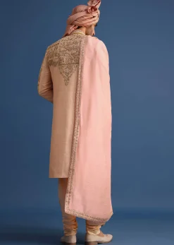 Peach Embroidered Silk Sherwani Suit