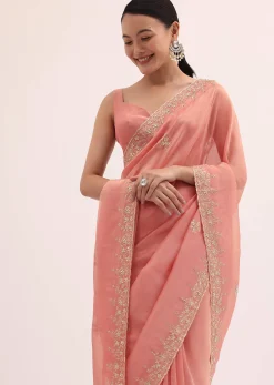 Peach Embroidered Tissue Saree With Unstitched Blouse
