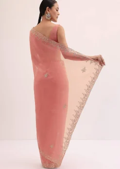 Peach Embroidered Tissue Saree With Unstitched Blouse