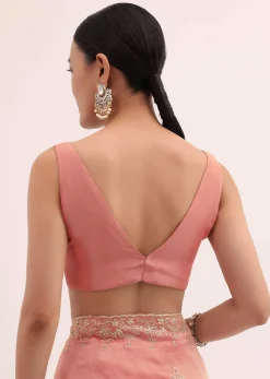 Peach Embroidered Tissue Saree With Unstitched Blouse