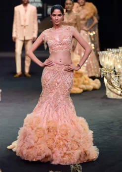 Peach Fish Cut Frill Lehenga Set With Trail Dupatta And Tassels
